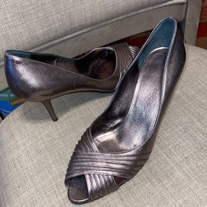 Salvatore Ferragamo Metallic Pewter Open-Toe Pumps